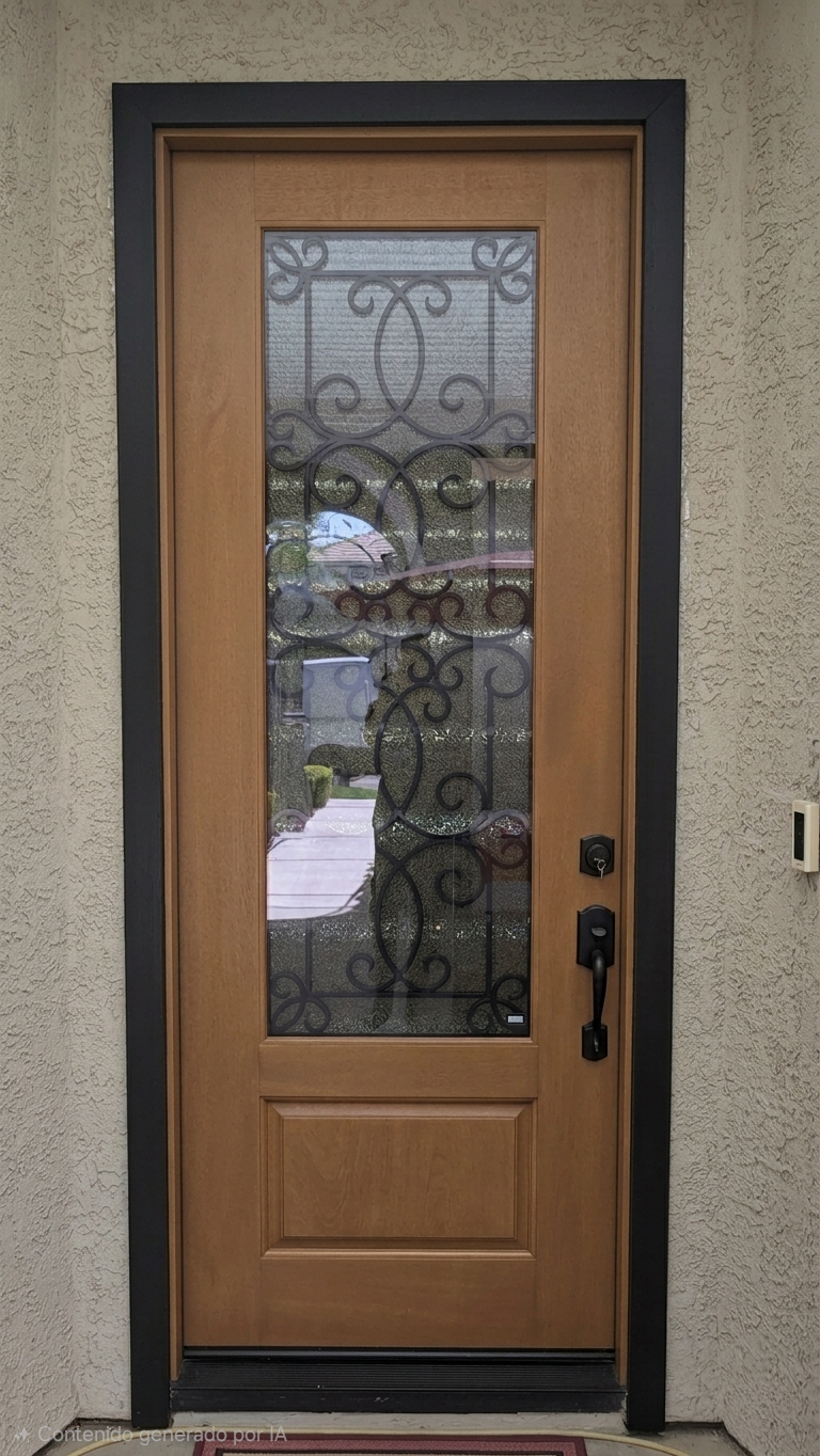 Front door with decorative iron glass panel