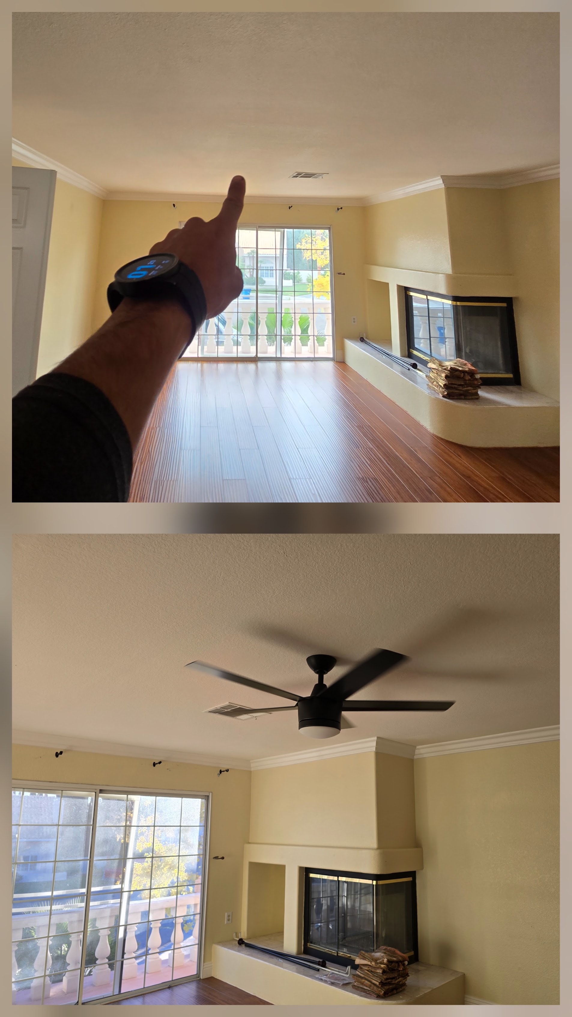 Living room with fireplace and ceiling fan installation